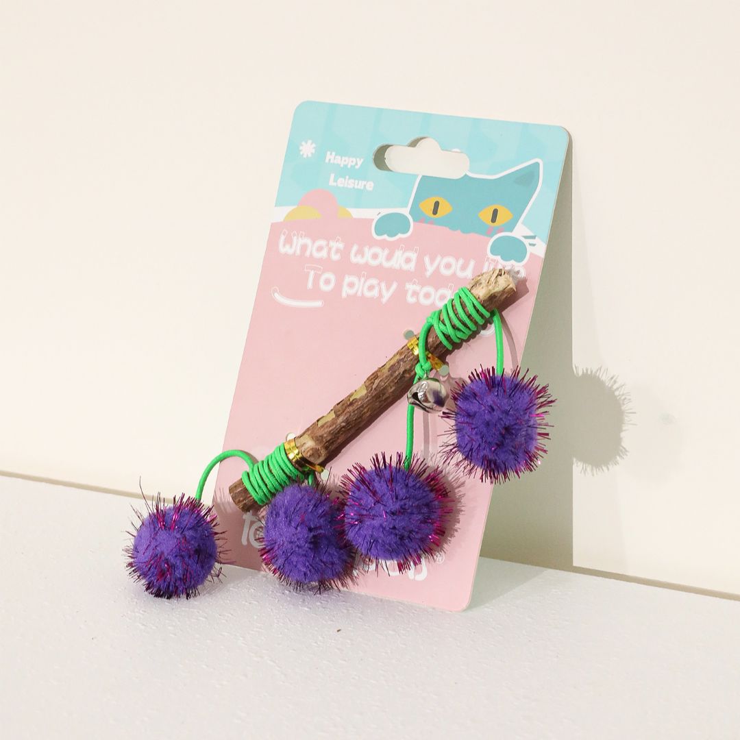 Catnip Stick Wand With Purple Pom Poms