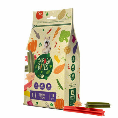 Garden Bites dog treat package with illustrations of vegetables and a dog on a beige background