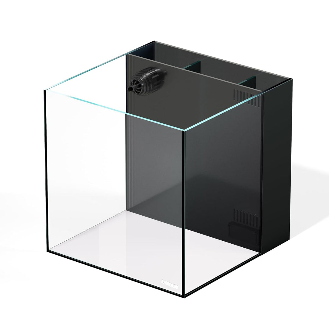 Glass aquarium with black frame on a white background