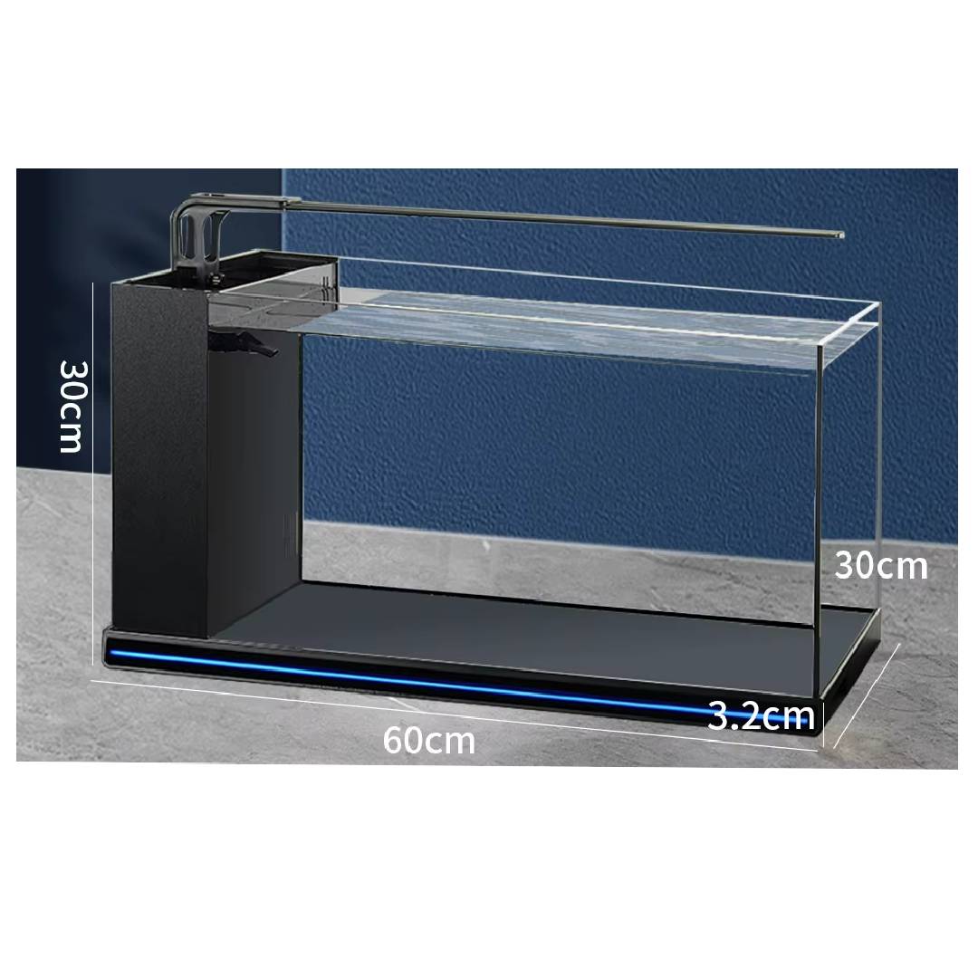 Glass display case with dimensions on a blue and gray gradient background