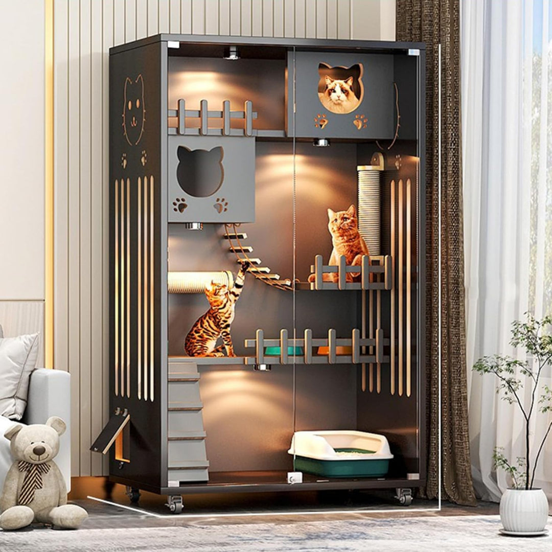 Pets Wooden Cat Villa, Large Cat Enclosure, Indoor Enclosed Cat House 90×60×155cm