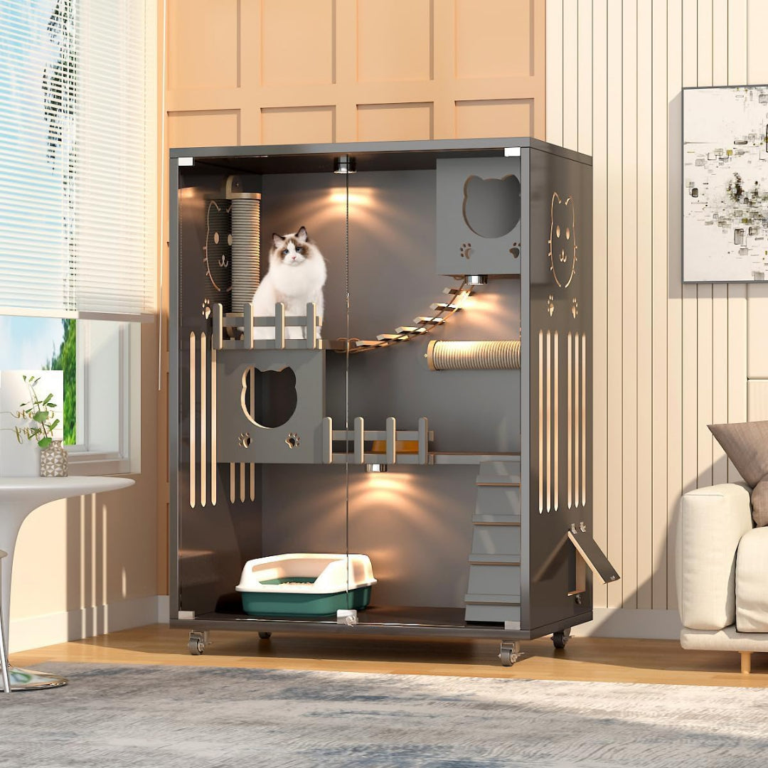 Pets Wooden Cat Villa, Large Cat Enclosure, Indoor Enclosed Cat House 90×60×125cm