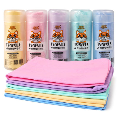 Set of colorful pet towels with branded packaging on a white background