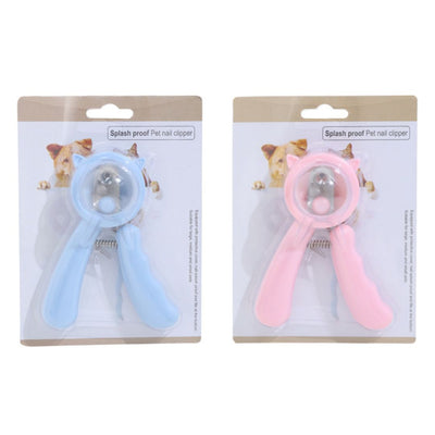 Two packages of pet nail clippers, one blue and one pink, on a white background.