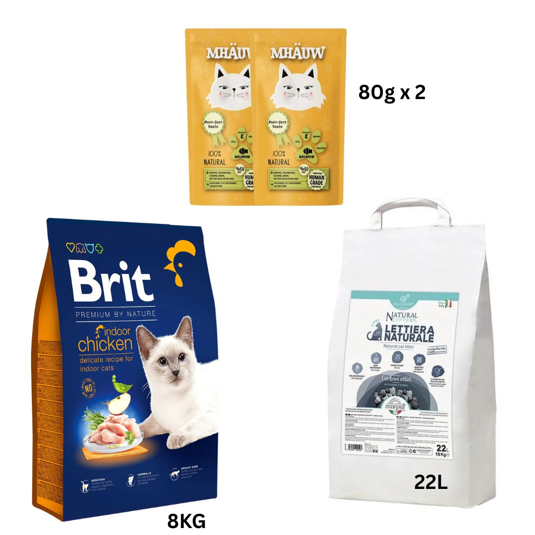 LITTER SAND LITTIERA 22 LT + Nature Cat Indoor Chicken 8kg and SALMON 80 G X 2 PIECES