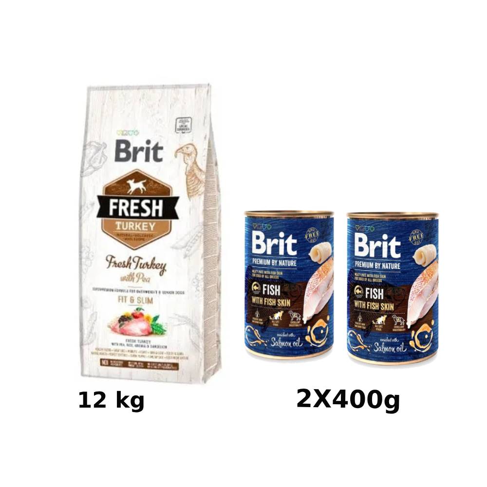 Brit Fresh Turkey with Pea Light Fit & Slim 12 kg+Brit Premium by Nature Fish with Fish Skin (2X 400g)