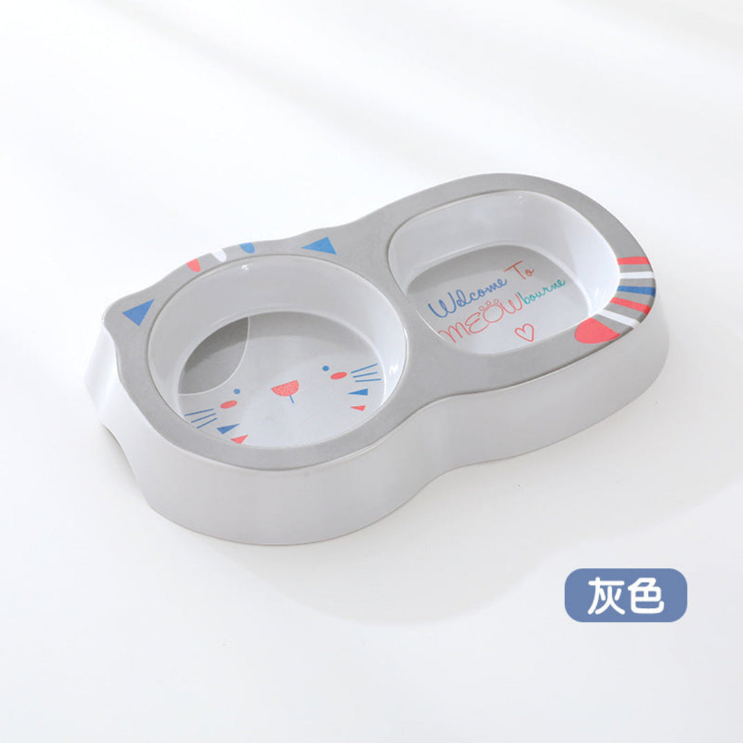 Cute Dog Face Double Pet Bowl- Grey