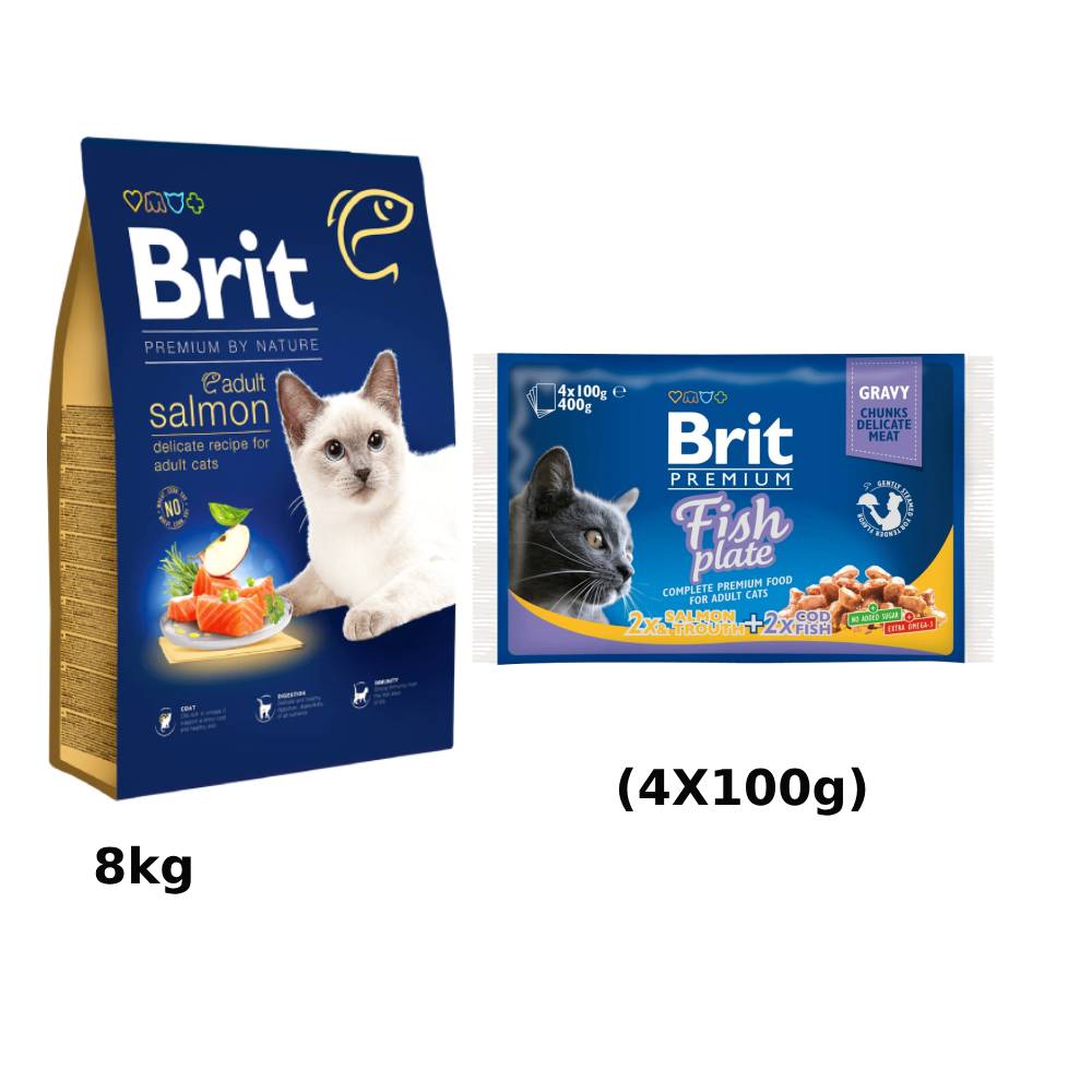 Brit Premium by Nature Cat. Adult Salmon, 8 kg + Brit Premium Cat Pouches Fish Plate 400 g (4x100 g)