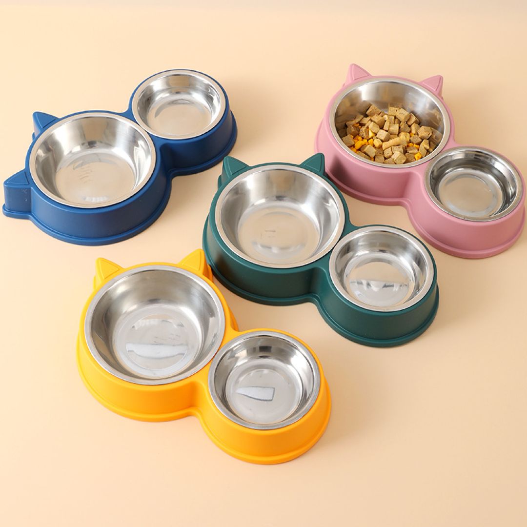 Cat Ear Dual Stainless Steel Pet Bowls Green