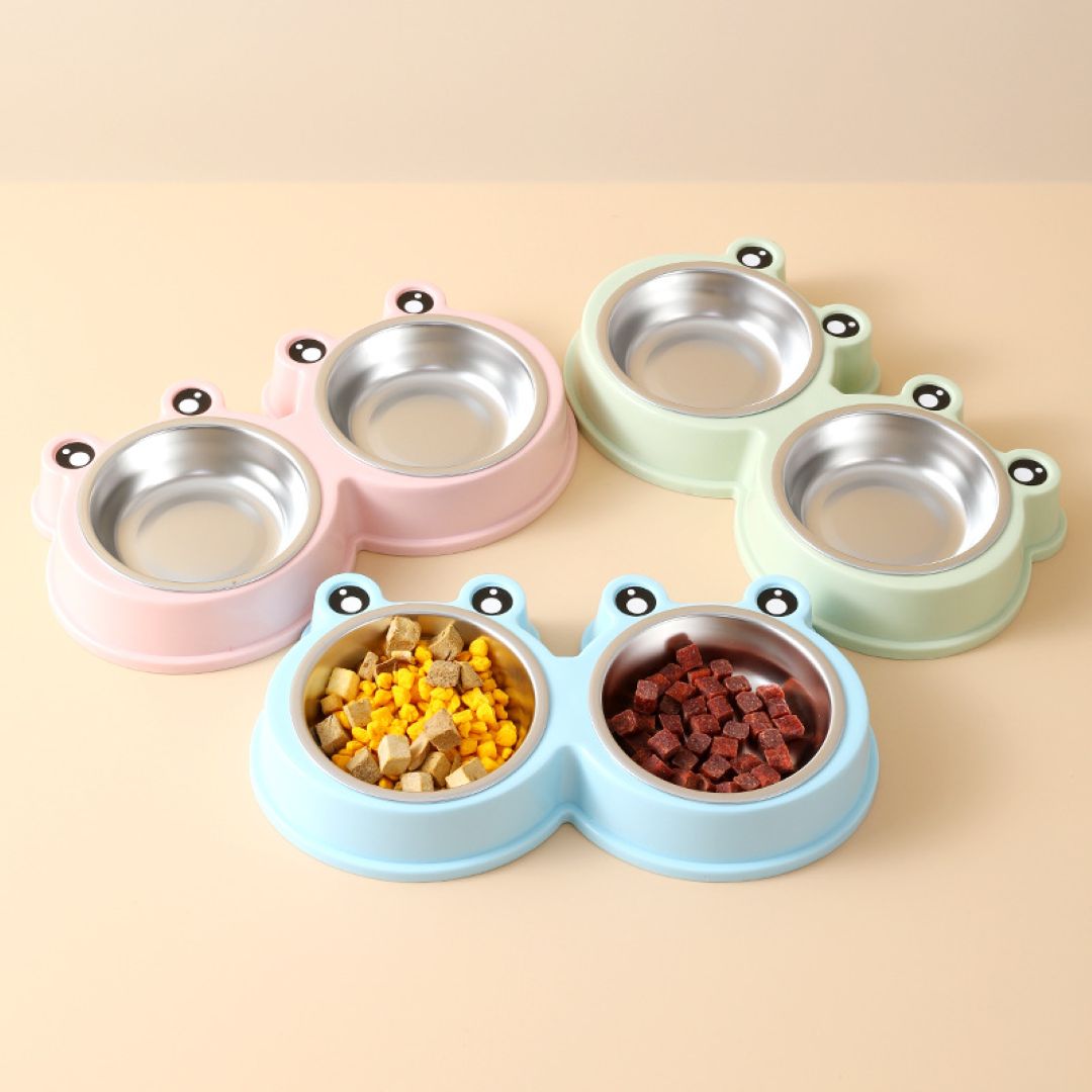 Frog Design Dual Stainless Steel Pet Bowls Blue 36×20×5.5cm
