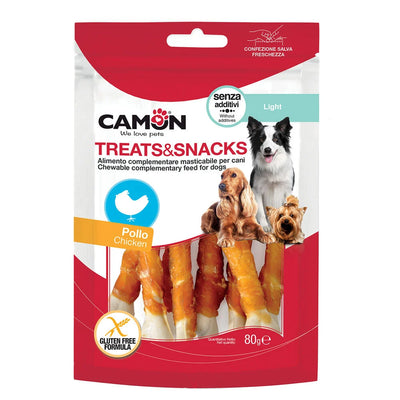 Package of Camon dog treats and snacks with images of dogs and text on a white background