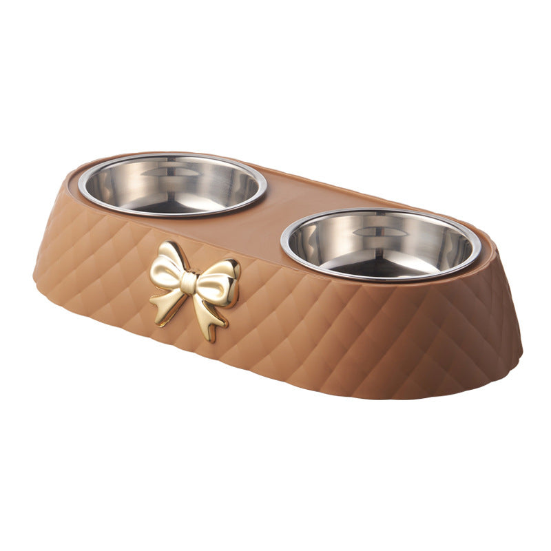 Brown Quilted Dual Pet Bowls With Bow
