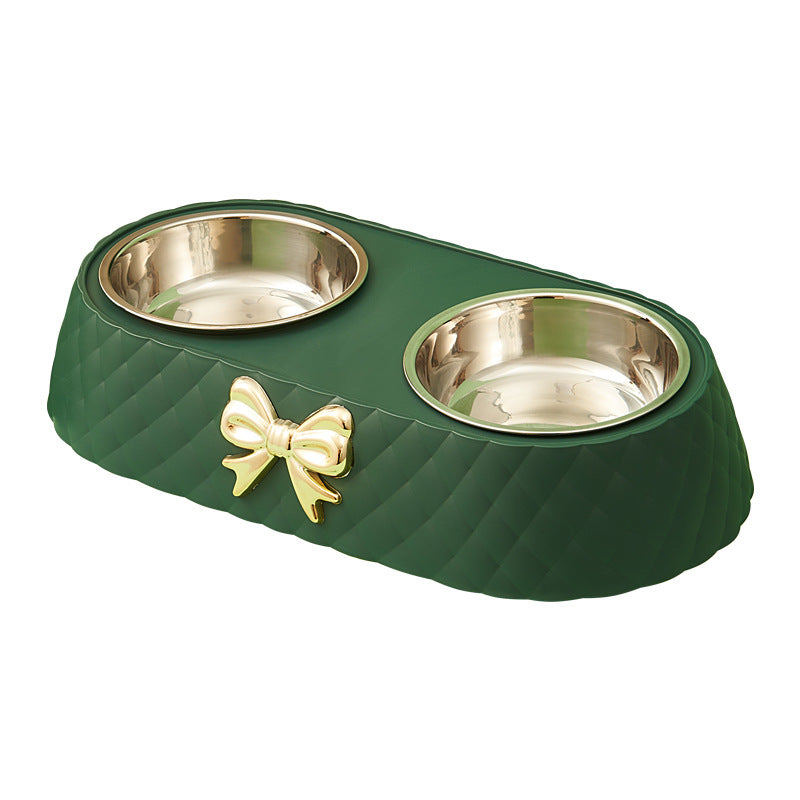 Green Quilted Dual Pet Bowls With Bow