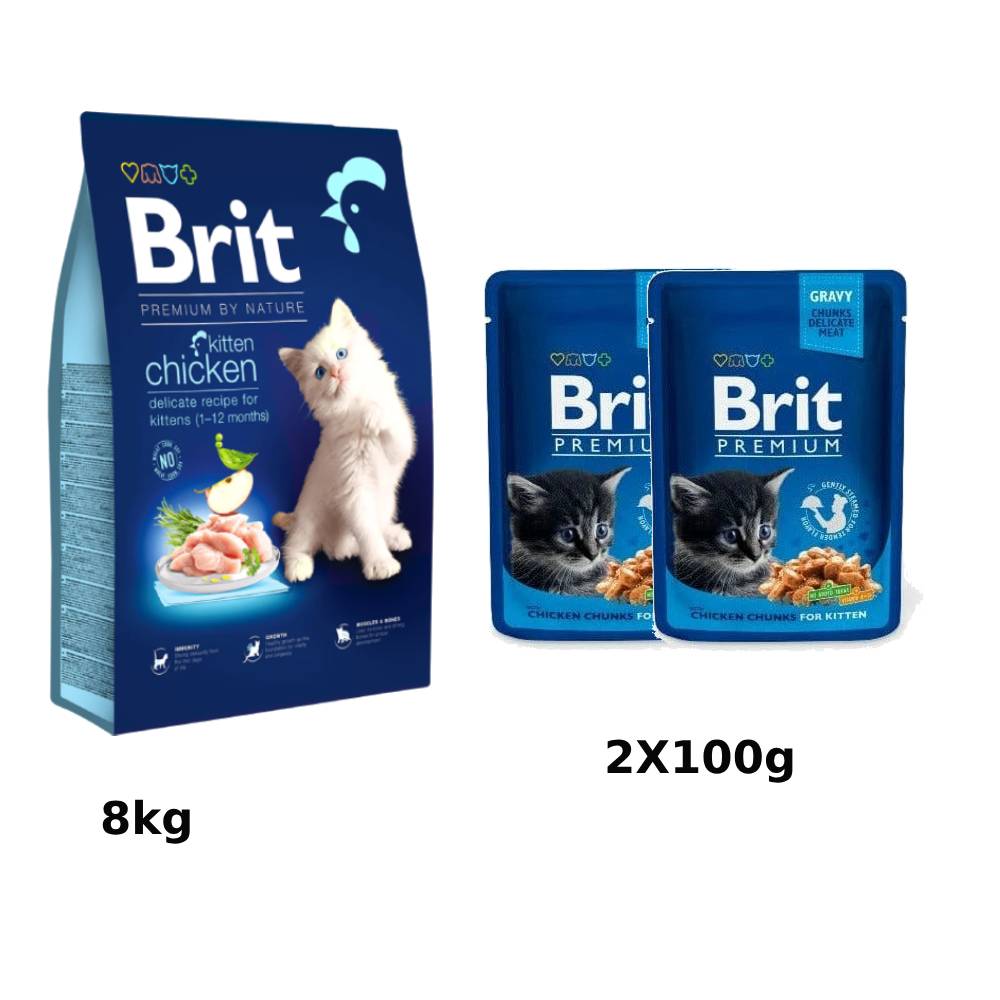 Brit Premium by Nature Cat. Kitten Chicken, 8kg+Brit Premium Cat Pouches Chicken Chunks for Kitten 2X100 g