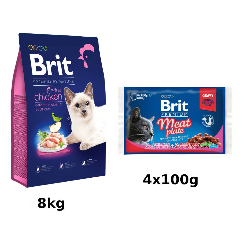 Brit Premium by Nature Cat. Adult Chicken, 8 kg + Brit Premium Cat Pouches Meat Plate 400 g (4x100 g)