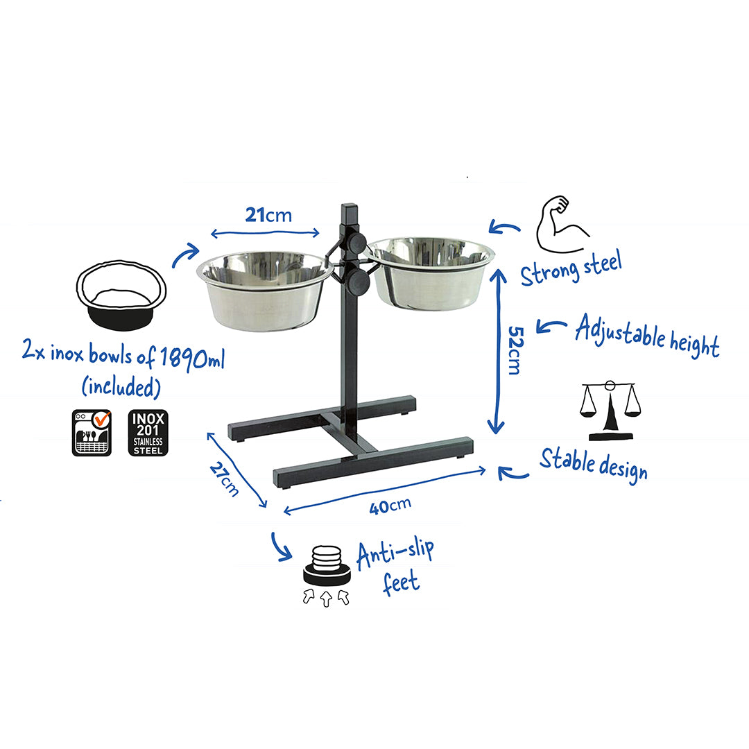 Duvoplus Twin Feeder H-Stand with Bowls – Adjustable Height Dog Feeder (52cm, 2x1890ml, Rustproof)