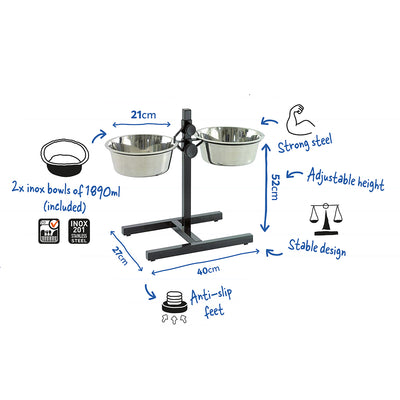 Duvoplus Twin Feeder H-Stand with Bowls – Adjustable Height Dog Feeder (52cm, 2x1890ml, Rustproof)