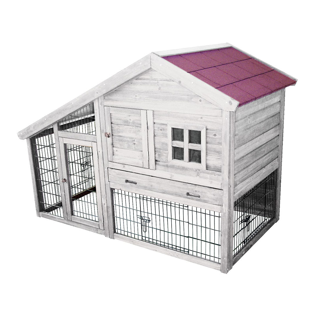 Woodland Rabbit Hutch Tridolf Cottage – Large 2-Story Pine Bunny House with Storage &amp; Easy-Clean Tray (150x80x108cm)