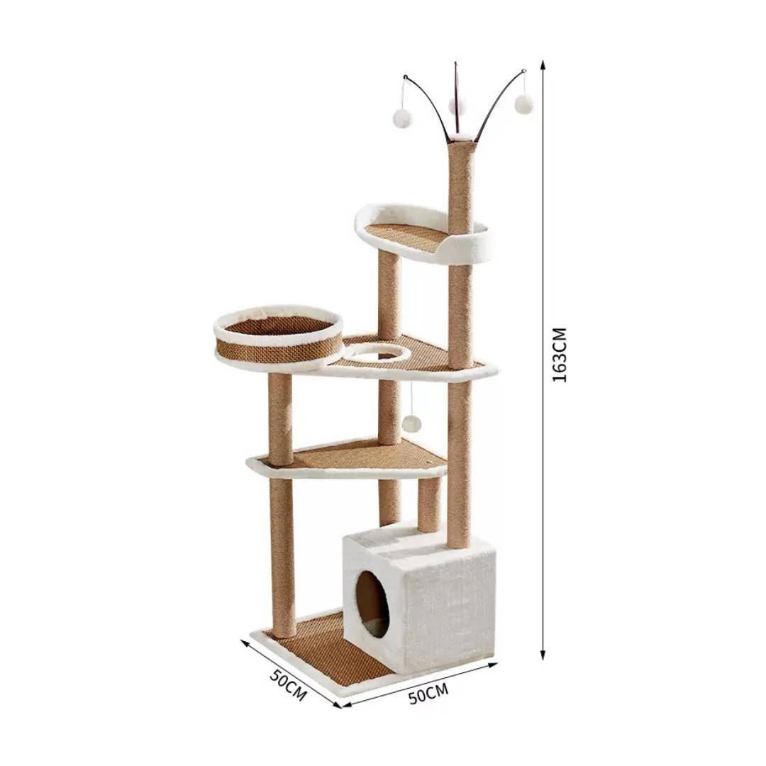Grand Multi-Level Cat Tree Tower with Condo, Cozy Basket &amp; Dangling Toys – 163cm Tall | Beige &amp; White Sisal Scratching Posts