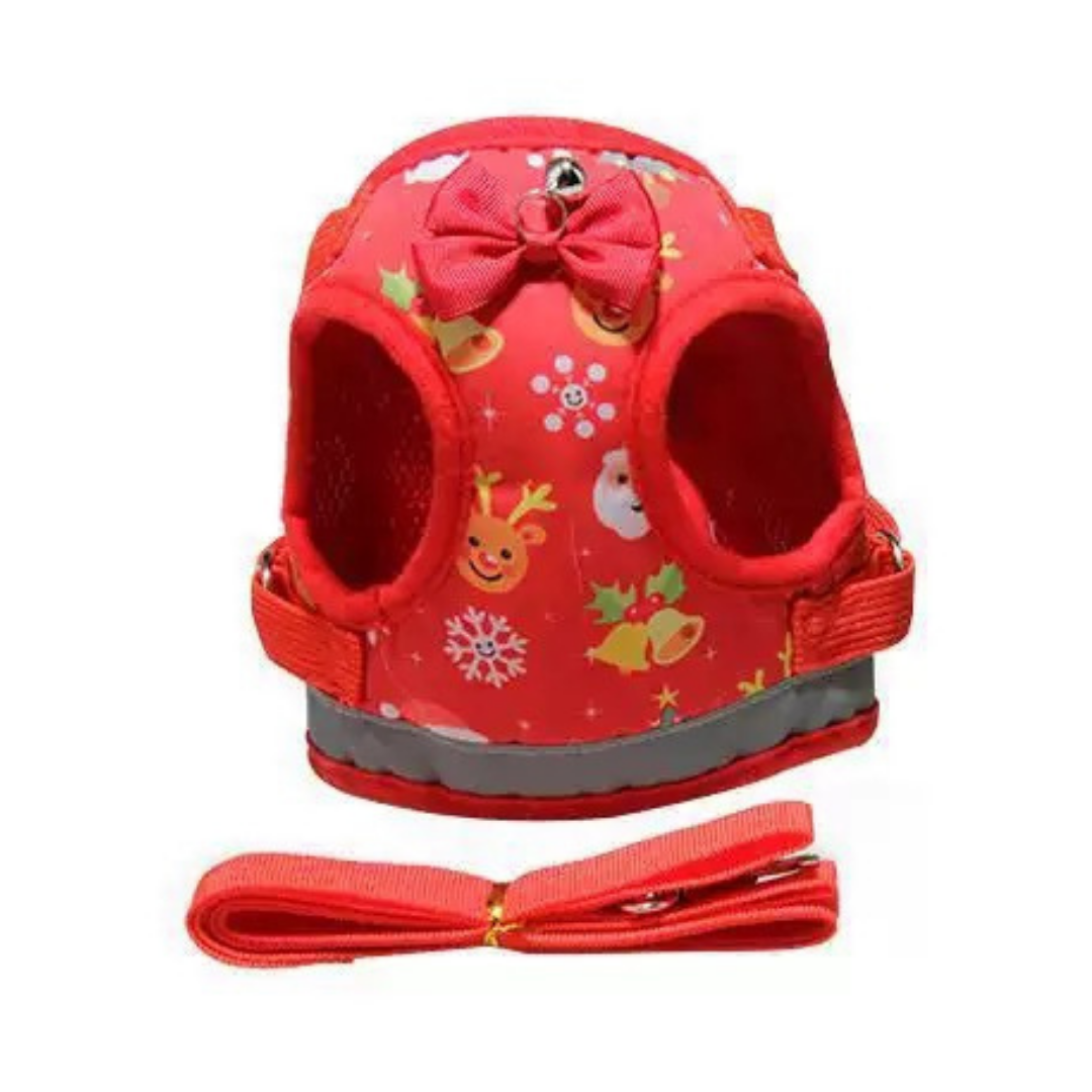 Festive Christmas Print Pet Harness and Leash Set (Red)