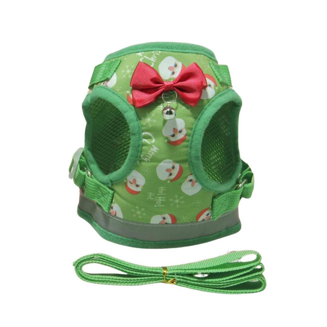 Festive Santa Print Pet Harness and Leash Set – Holiday Cheer for Your Furry Friend