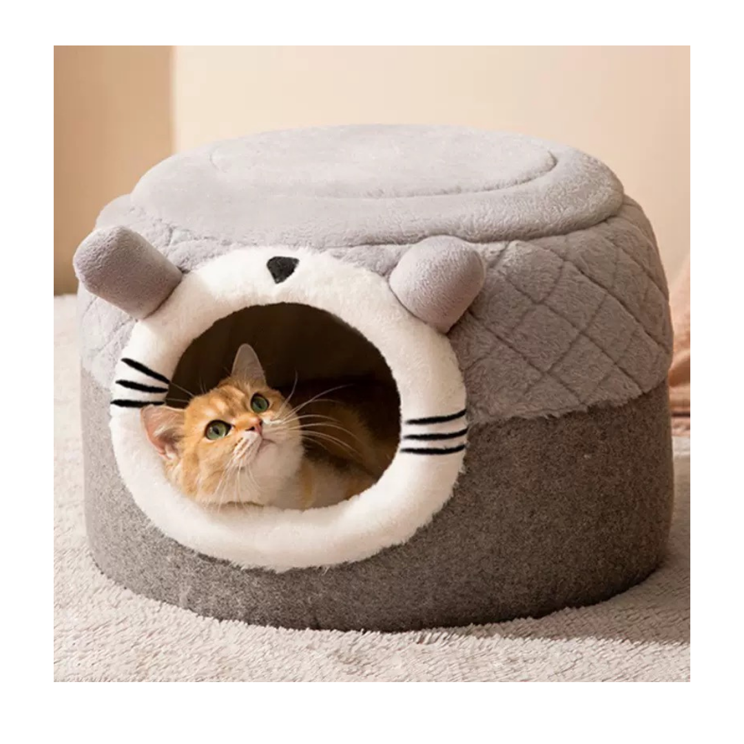 Cat-Face Warm Pet Bed – Cozy 40×40cm Enclosed Bed for Cats &amp; Small Dogs