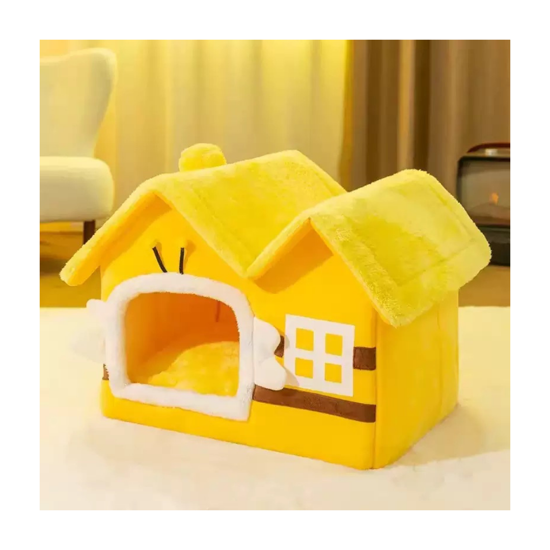 House-Shaped Warm Pet Bed – Cozy 44×35×38cm Yellow Nest for Cats &amp; Small Dogs