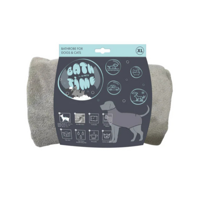 Gray bath towel for dogs and cats with packaging labeled 'Bath Time' on a white background