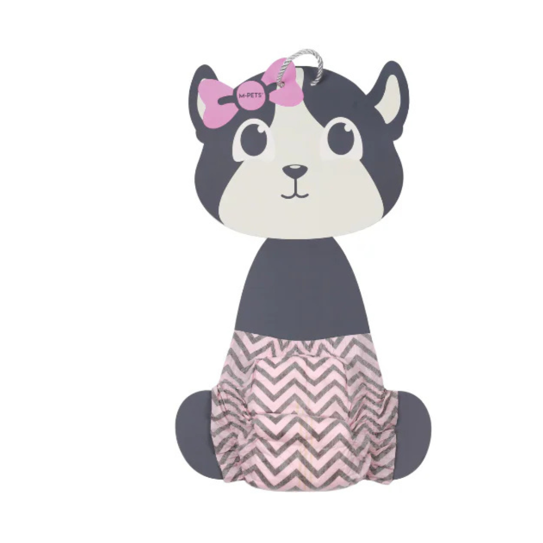 Dog-shaped doorstop with a pink bow and chevron pattern on a white background