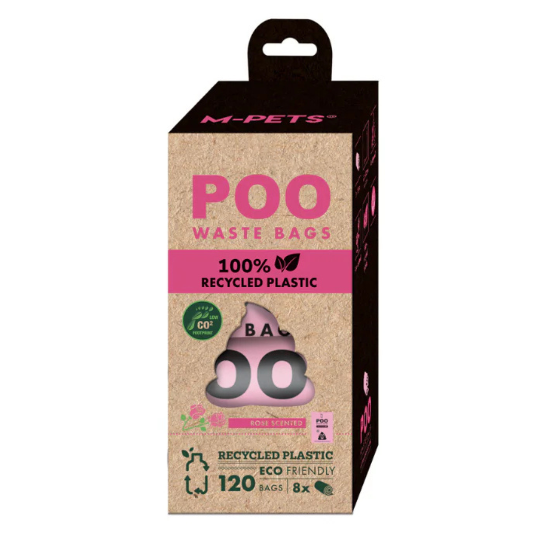 POO 100% Recycled Plastic Dog Waste Bags (120 bags) - Rose Scented 8 rolls