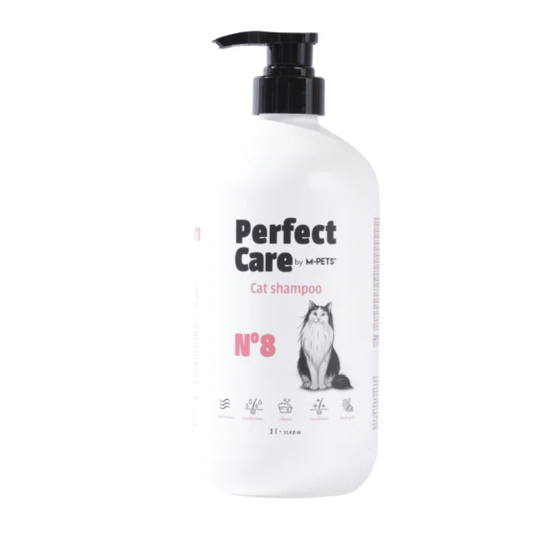 Cat shampoo bottle labeled 'Perfect Care by MePets' on a white background