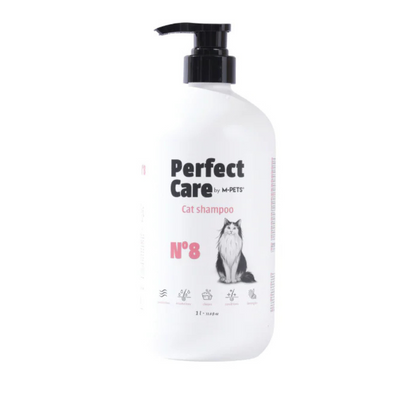Cat shampoo bottle labeled 'Perfect Care by MePets' on a white background