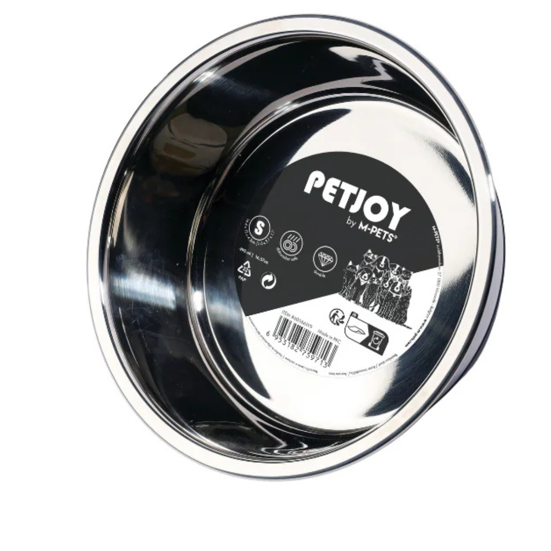 Metallic pet bowl with 'PETJOY by M-PETS' label on a white background