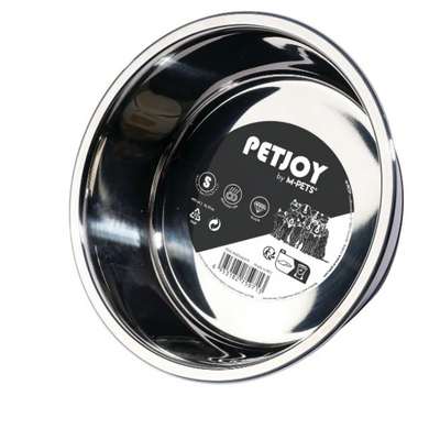 Metallic pet bowl with 'PETJOY by M-PETS' label on a white background