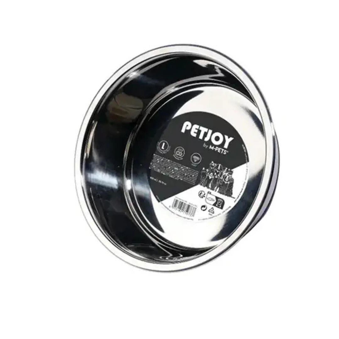 Metallic pet bowl with Petjoy branding on a white background