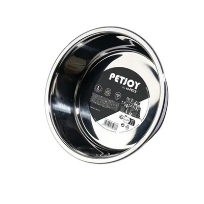 Metallic pet bowl with Petjoy branding on a white background