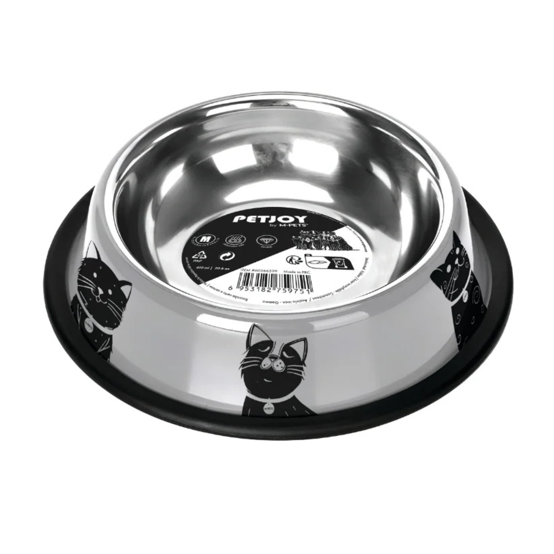PETJOY CatFamily Stainless Bowl with Rubber Edge M - Black & White 610 ml