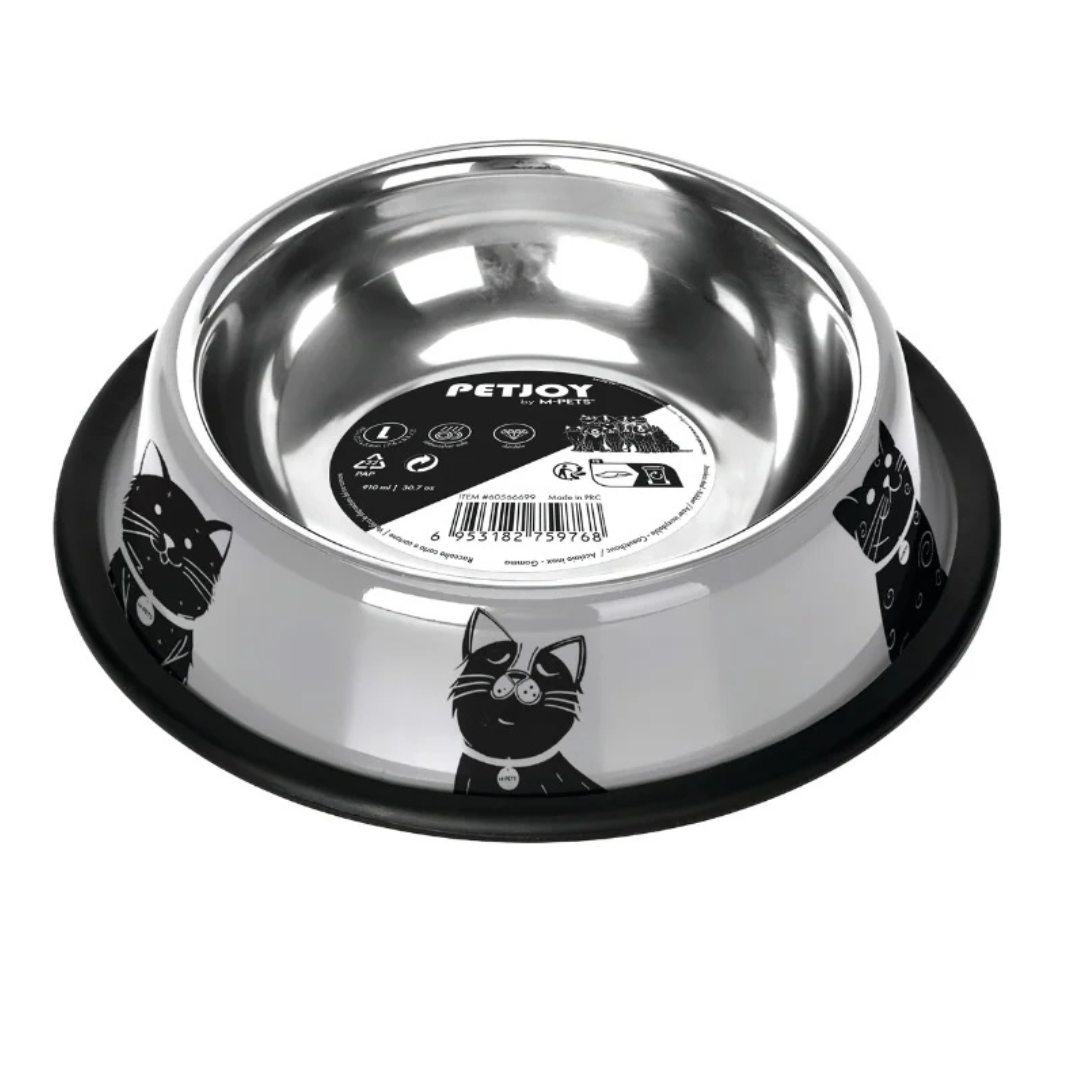 PETJOY CatFamily Stainless Bowl with Rubber Edge L - Black & White 910 ml