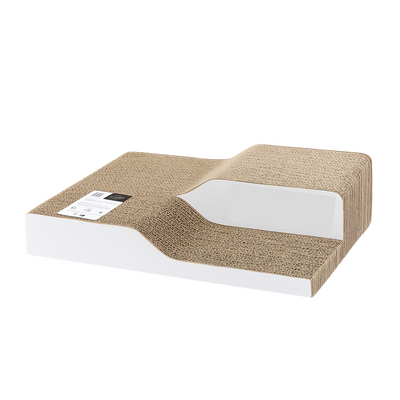 Cat scratcher with corrugated cardboard design on a white background