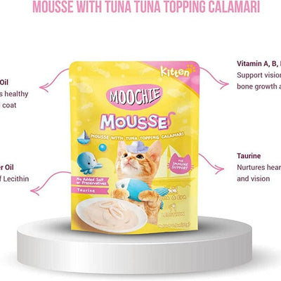70g pouch of Moochie Kitten Tuna with Topping Calamari Mousse, featuring a vibrant packaging design highlighting the product
