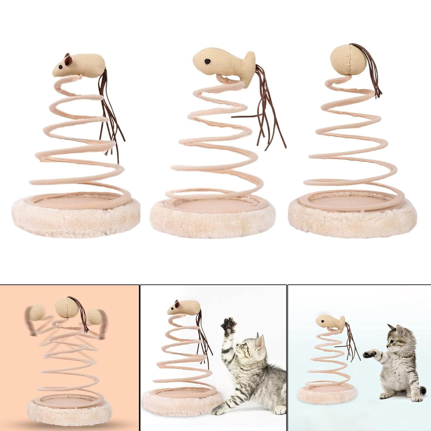 Spiral Steel Wire Spring Cat Toy – Linen Mouse 15 cm Interactive Teaser with Wooden Base