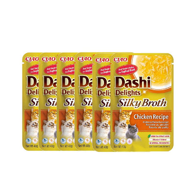Pack of Ciao Dashi Delights Silky Broth cat food packages on a white background