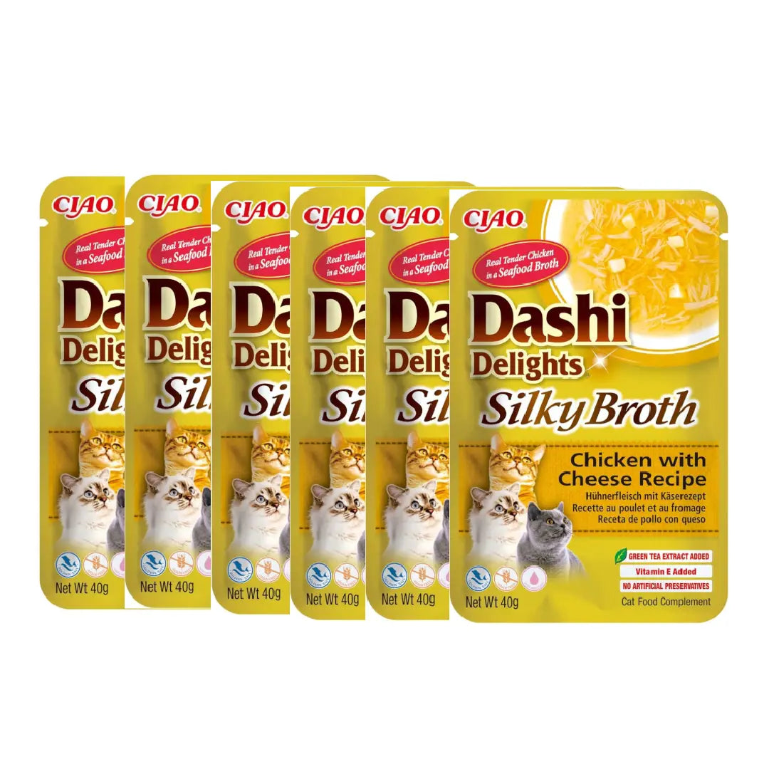 Multiple packages of Ciao Dashi Delights Silky Broth cat food on a white background