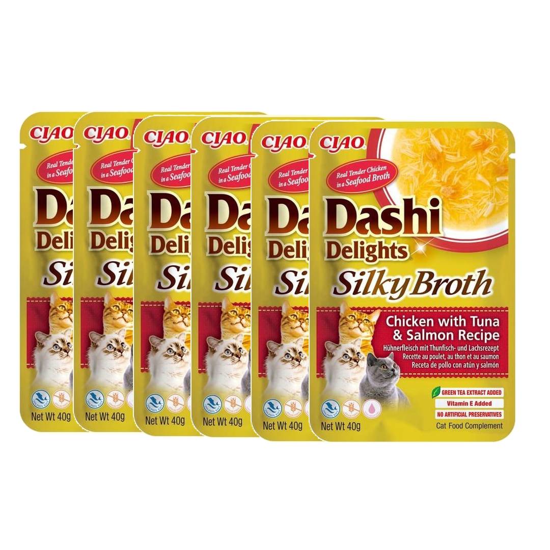 Pack of Ciao Dashi Delights Silky Broth cat food packages on a white background