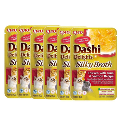 Pack of Ciao Dashi Delights Silky Broth cat food packages on a white background