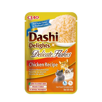CIAO Dashi Delights Delicate Flakes cat food package on a white background