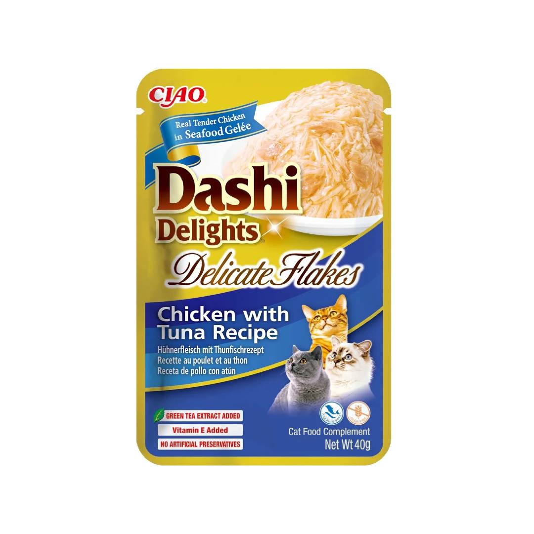 CIAO Dashi Delights cat food package with chicken and tuna recipe on a white background
