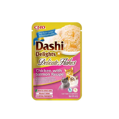 Cat food pouch with Dashi Delights branding on a white background