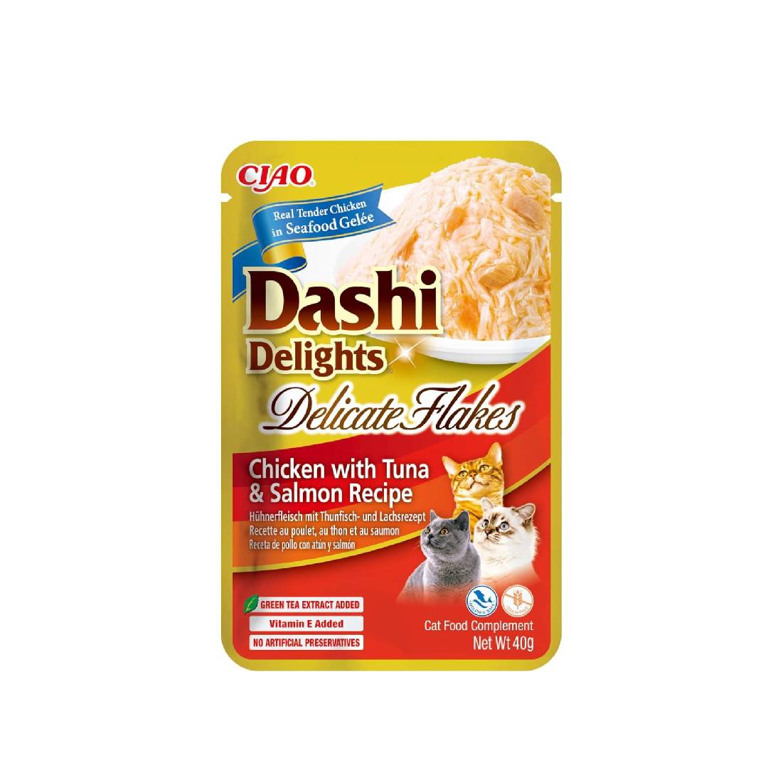 Cat food pouch with 'Dashi Delights' branding on a white background