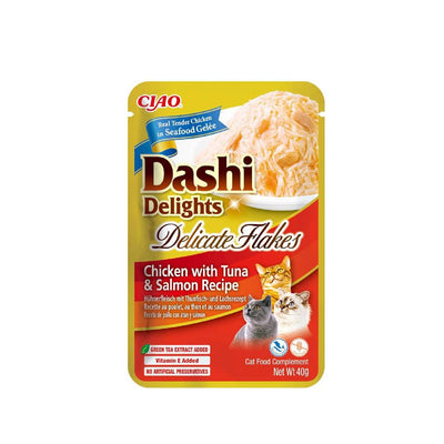 Cat food pouch with 'Dashi Delights' branding on a white background